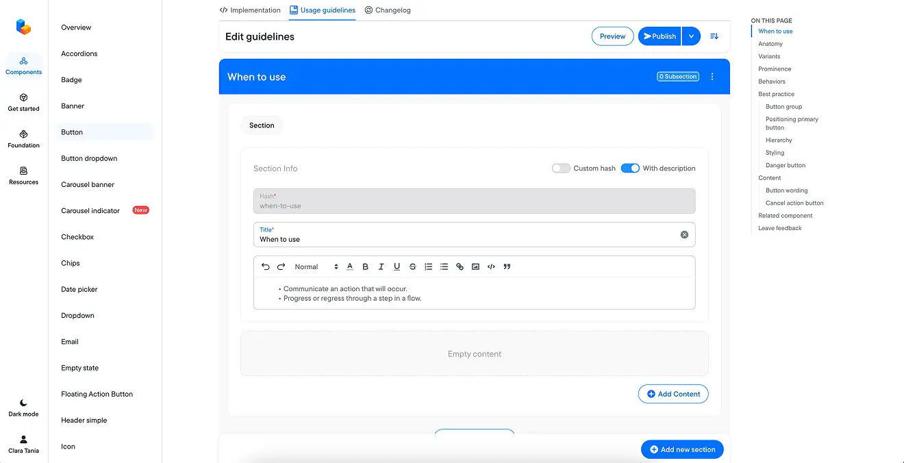 Tampilan mode edit pada CMS BLUE Documentation Site