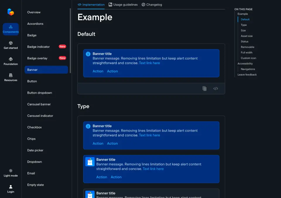 Tampilan dark mode pada BLUE Documentation Site