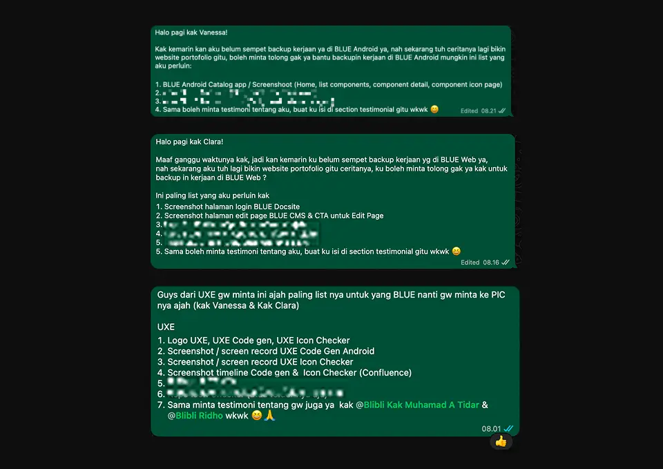 Process of reaching out to colleagues to request supporting portfolio materials
