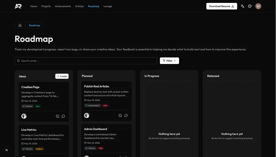 Portfolio website roadmap page